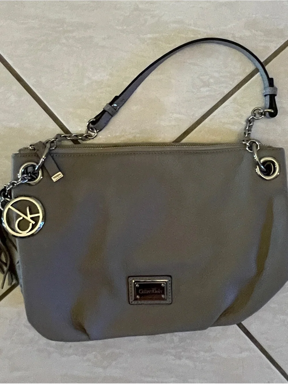 Calvin Klein Gray Pebbled Leather Hobo Shoulder Bag with Tassel & CK Charm